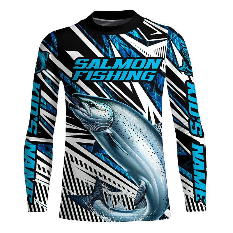 Salmon Fishing Custom Long Sleeve Performance Fishing Shirts, Blue Camo Salmon Fishing Jerseys IPHW6087