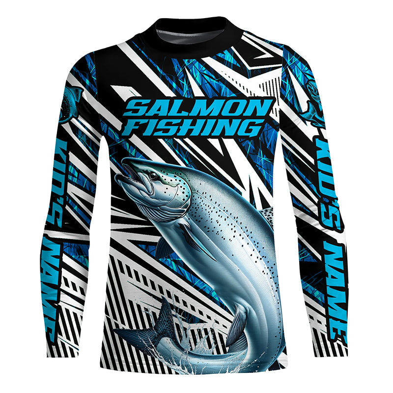 Salmon Fishing Custom Long Sleeve Performance Fishing Shirts, Blue