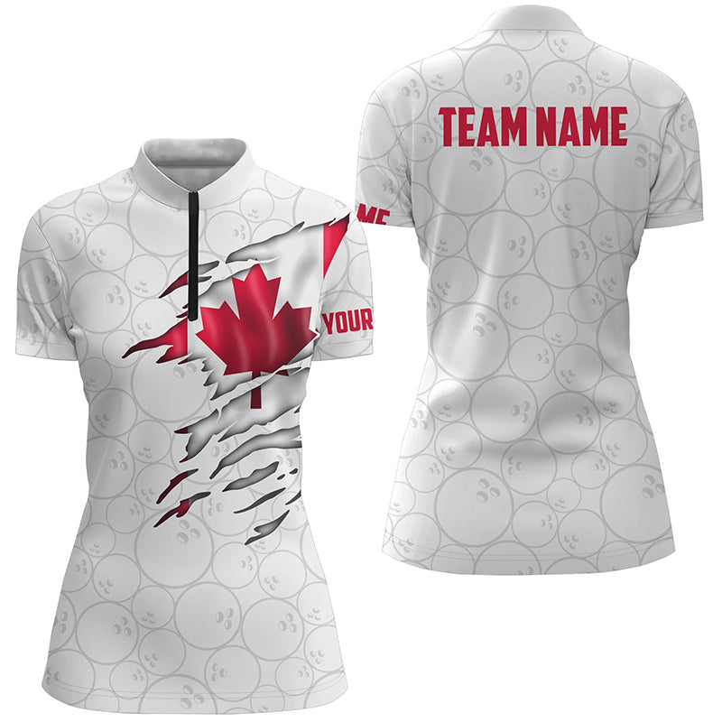 Canada Bowling Quarter Zip Shirts For Women, Custom Canadian Flag Bowling Team Jersey IPHW5258