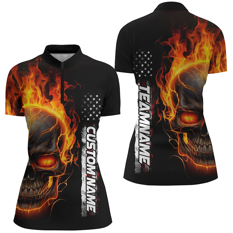 Flame Skull Custom Bowling Quarter Zip Shirts For Women, American Bowling Team Jerseys IPHW5275
