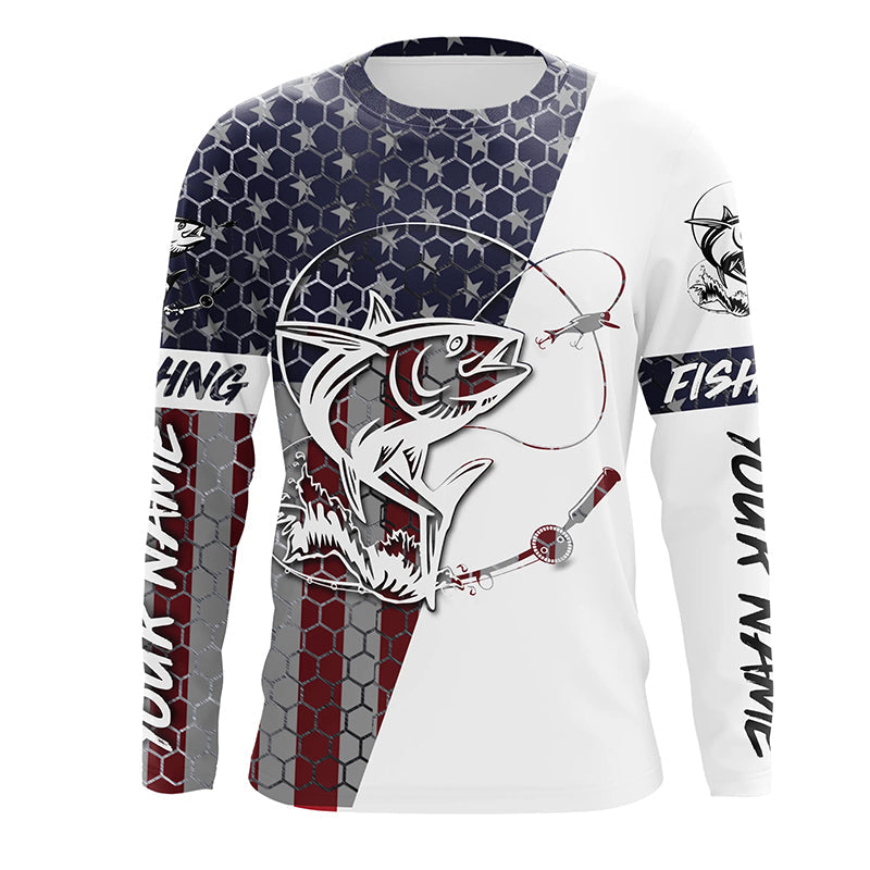 Tuna American Flag Custom Long Sleeve Fishing Shirts, Tuna
