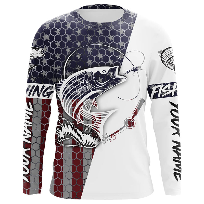 American Flag Striped Bass Custom Long Sleeve Fishing Shirts, Patrioti –  Myfihu