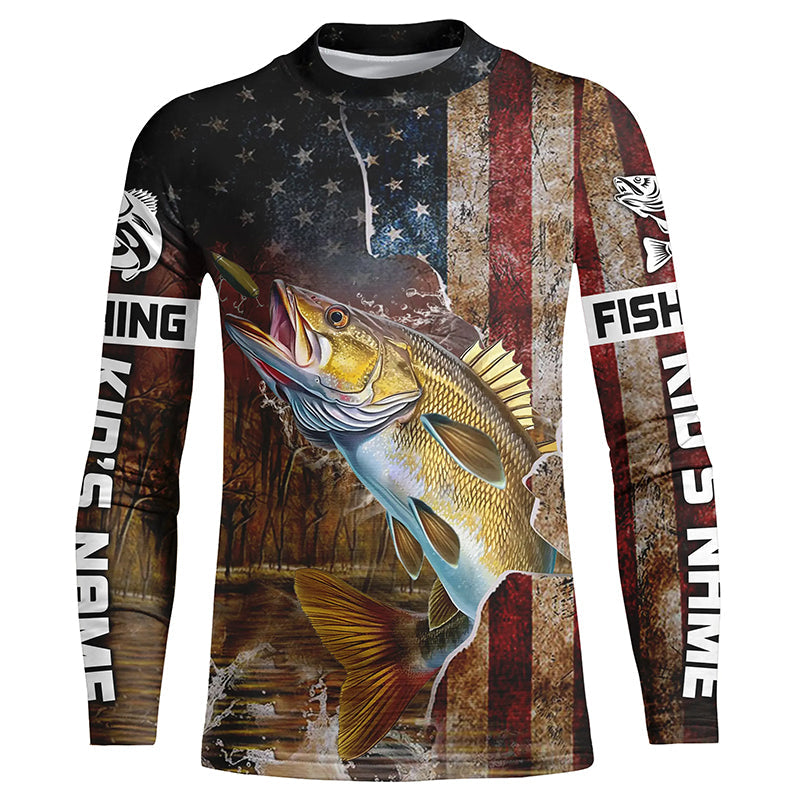 Personalized American Flag Walleye Fishing Shirts,Vintage Patriotic Wa –  Myfihu