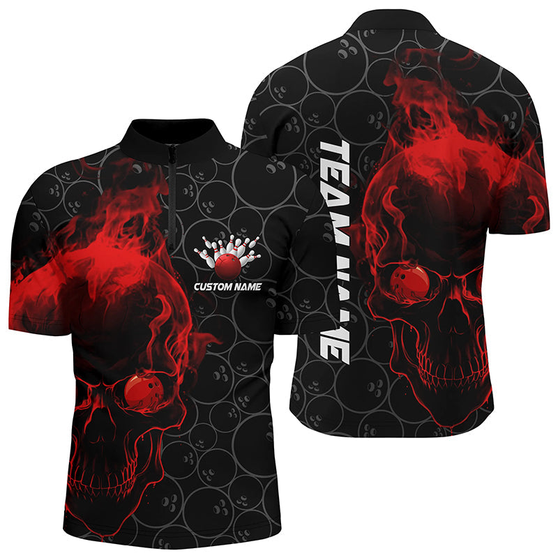 Personalized Red Skull Men Bowling Quarter Zip Shirts Team Bowling Jerseys Bowling League Outfits IPHW5396