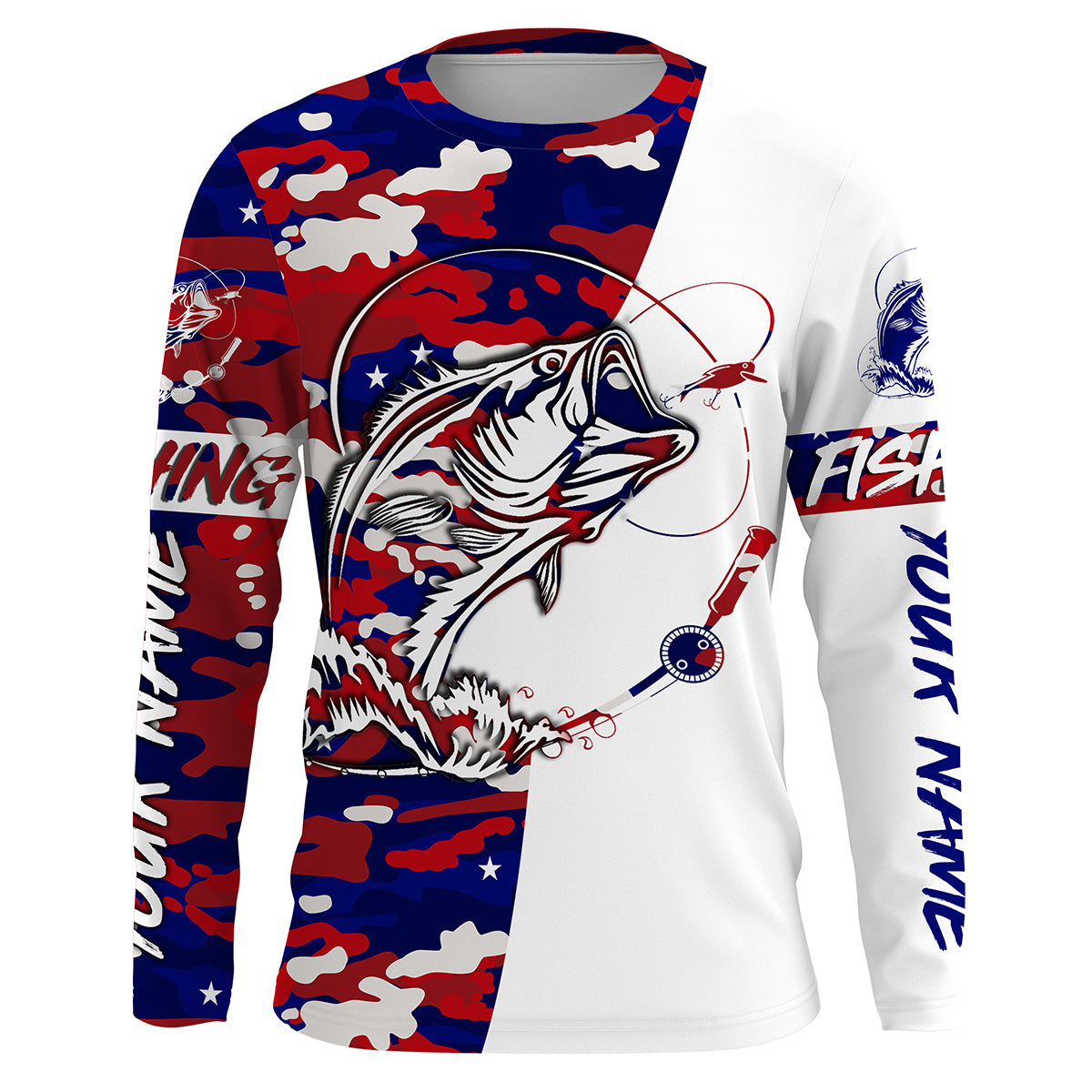 Personalized Bass Fishing Red, White And Blue camo Fishing Shirts