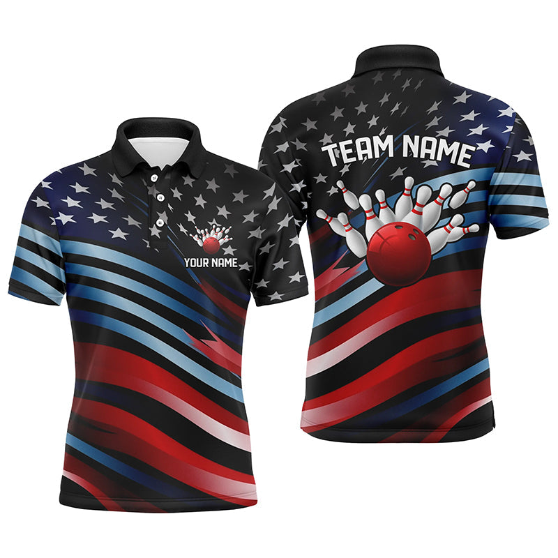 Custom American Flag Team Bowling Polo Shirts For Men, Patriotic Bowling Team Jerseys Outfit IPHW5248