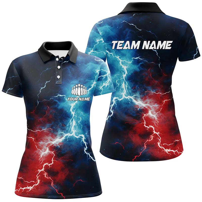 Red, White And Blue Thunder Bowling Polo Shirts For Women, Patriotic Bowling Team Jerseys IPHW5253