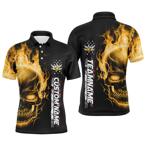Flame Skull American Flag Custom Team Bowling Shirts For Men, Patriotic Bowling Shirt IPHW5154