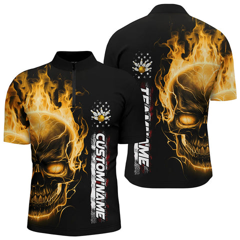 Flame Skull American Flag Custom Team Bowling Shirts For Men, Patriotic Bowling Shirt IPHW5154