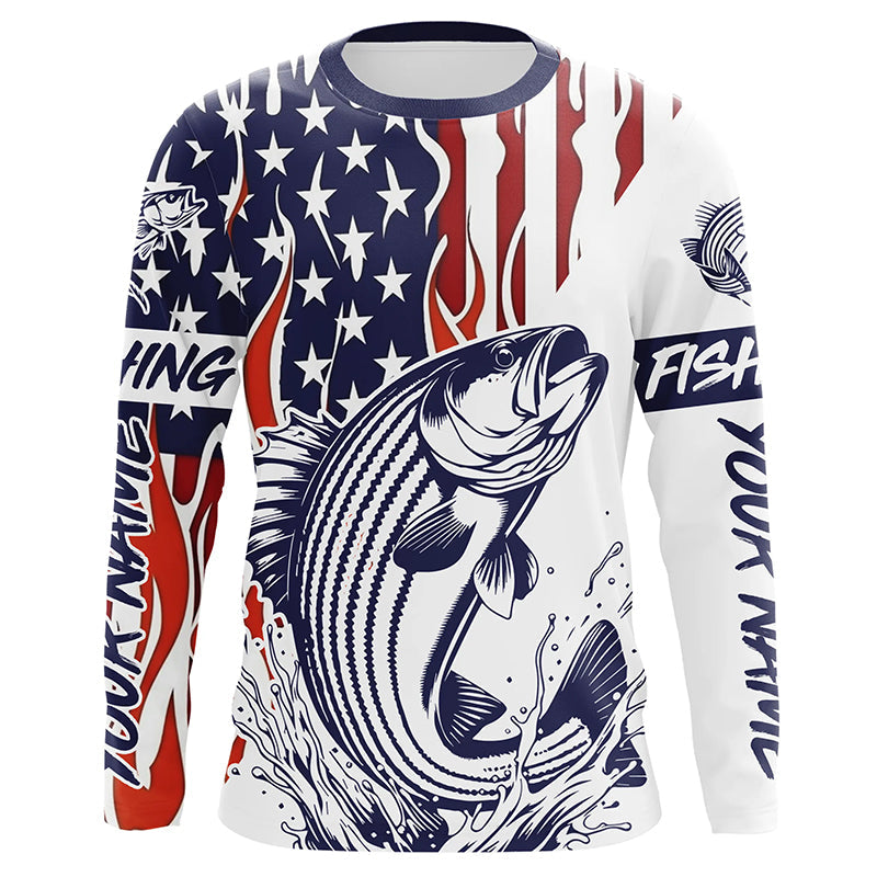 Flame American Flag Custom Striped Bass Long Sleeve Fishing Shirts