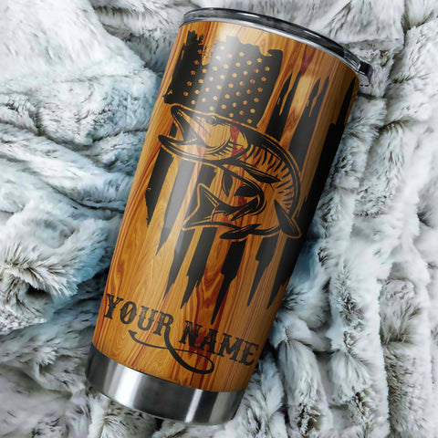 Musky Fishing American Flag Custom Stainless steel Tumbler cup | personalized Patriotic Fishing gifts 4th of July - IPHW36