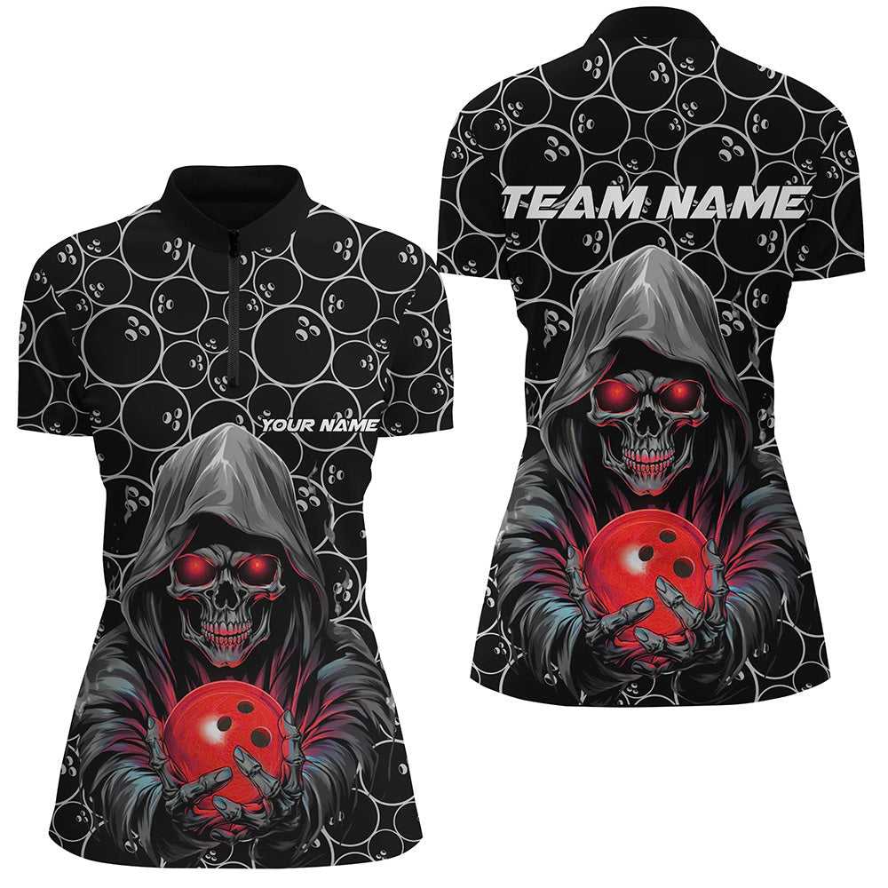 Custom Bowlers Outfits Skull Red Bowling Quarter Zip Shirts Women Bowling League Jerseys IPHW5388