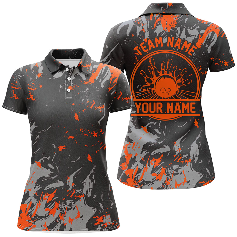 Custom Bowling Polo Shirts For Women, Bowling Balls And Pins Bowling Team Shirts | Orange IPHW5397