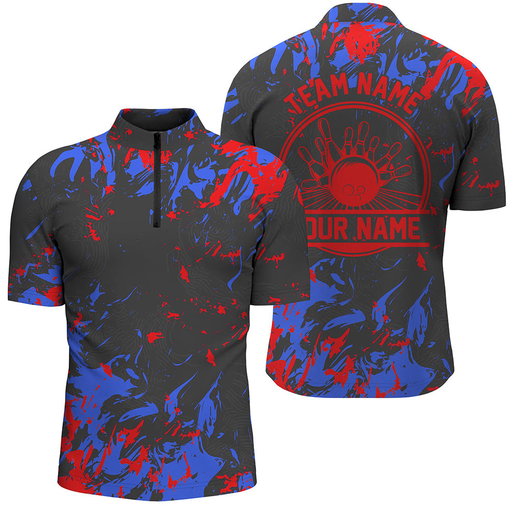 Personalized Bowling Quarter Zip Shirts Bowling Balls And Pins Bowling Team Shirts | Blue And Red IPHW5399