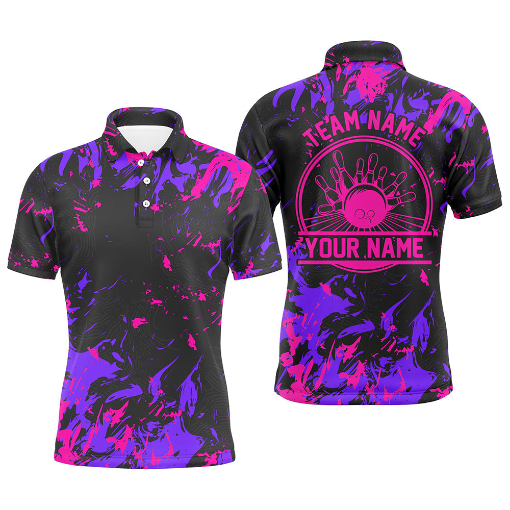 Personalized Bowling Polo Shirts Men Bowling Balls And Pins Bowling Team Shirts | Pink And Purple IPHW5401