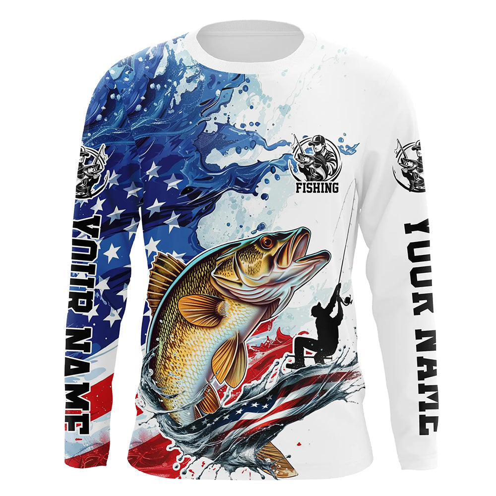 Flame American Flag Custom Walleye Long Sleeve Fishing Shirts, Patriot –  Myfihu