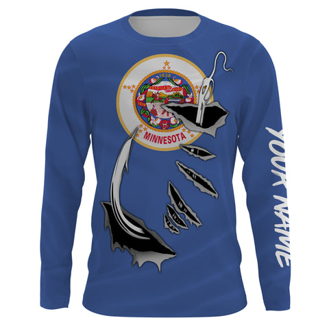 Personalized Minnesota Flag Fishing hook Long Sleeve performance Fishing Shirts, Patriotic Fishing gifts for men - IPH1913