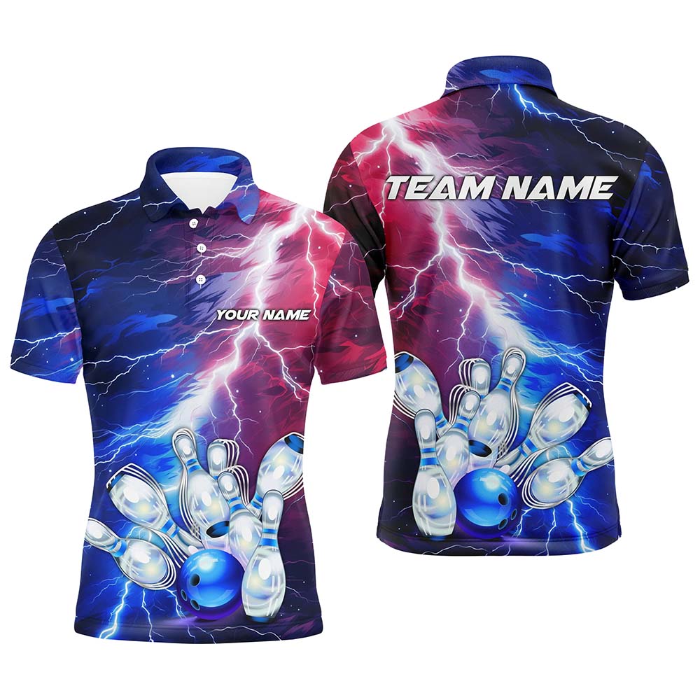 Red, White And Blue Thunder Lightning Bowling Polo Shirts For Men, Patriotic Bowling Team Jerseys IPHW5254