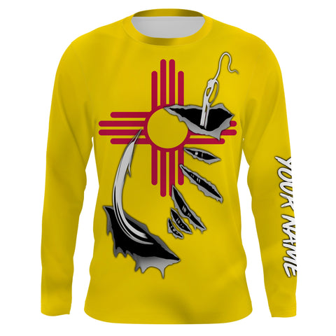 NM Fishing 3D Fish Hook New Mexico Flag UV protection quick dry customize name long sleeves shirts UPF 30+ personalized fishing apparel gift for Fishing lovers - IPHW472