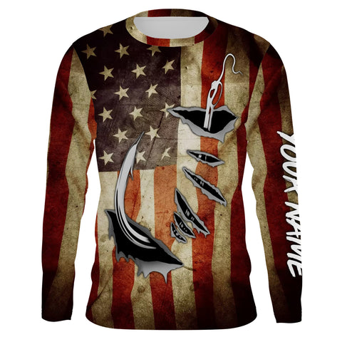 Fish Hook Vintage American Flag Custom Long Sleeve Fishing Shirts, Personalized Patriotic Fishing Gifts - IPHW661