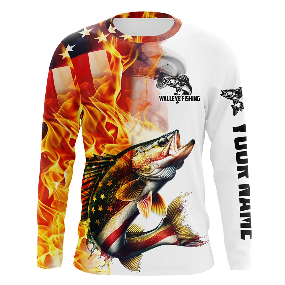 Flame American Flag Custom Walleye Fishing Shirts, Patriotic Walleye L –  Myfihu