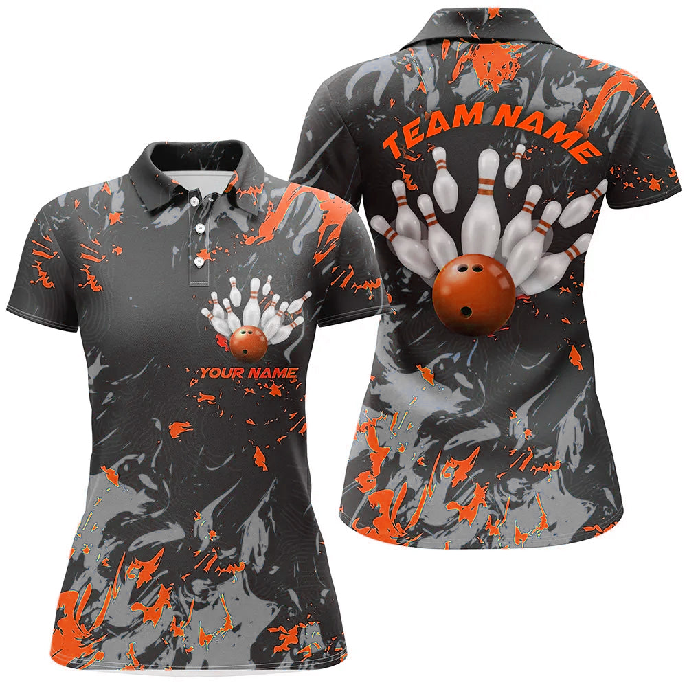 Black And Orange Camo Bowling Team Shirts Custom Women Polo Shirts Bowling League Shirts IPHW5361