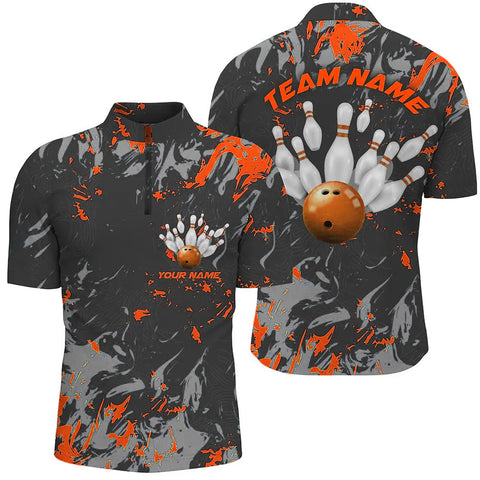 Black And Orange Camo Bowling Team Shirts Custom Men Quarter Zip Shirts Bowling League Shirts IPHW5361