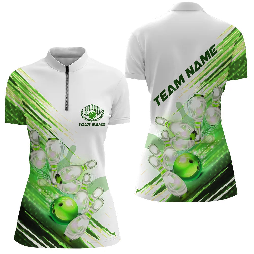 Green Custom Bowling Shirts Women Bowling Quarter Zip Shirts Custom Team Bowling Jerseys IPHW5371