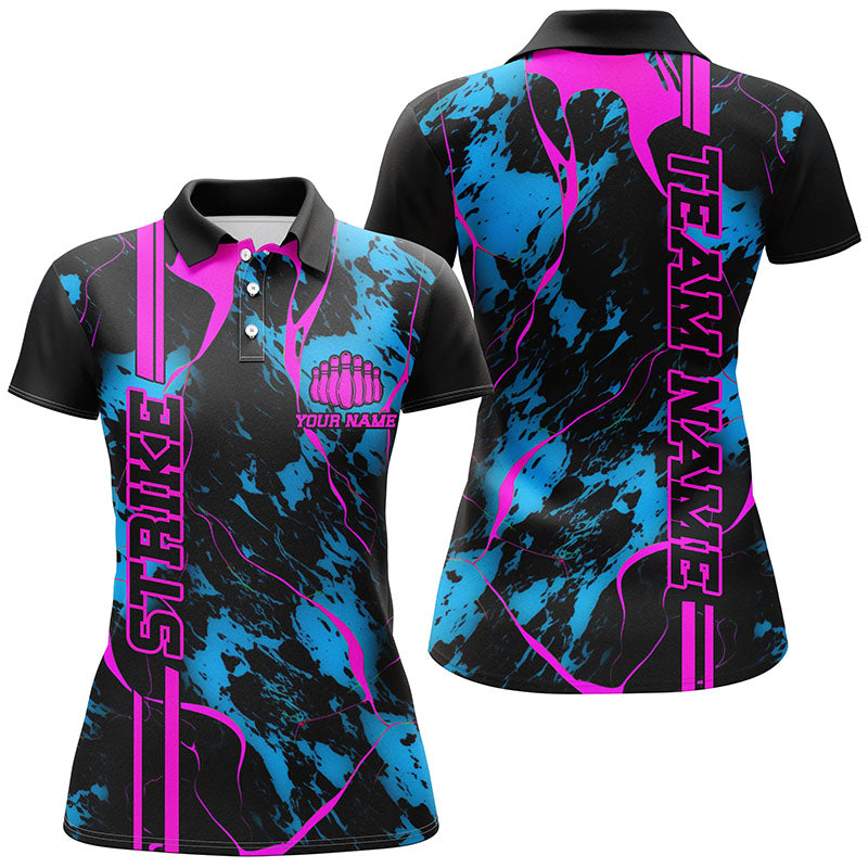 Custom Blue And Pink Strike Bowling Shirts Women Polo Camo Bowling Tea