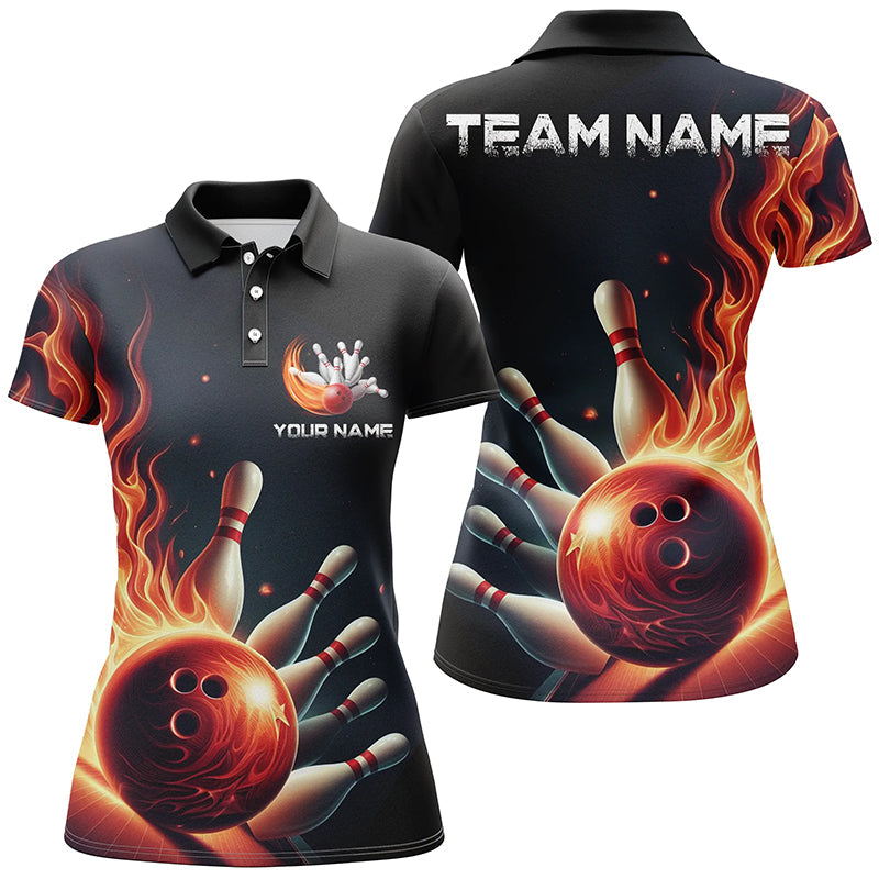 Personalized Red Flame Bowling Polo Shirts For Women Bowling Team Jerseys Strike Bowling IPHW5405