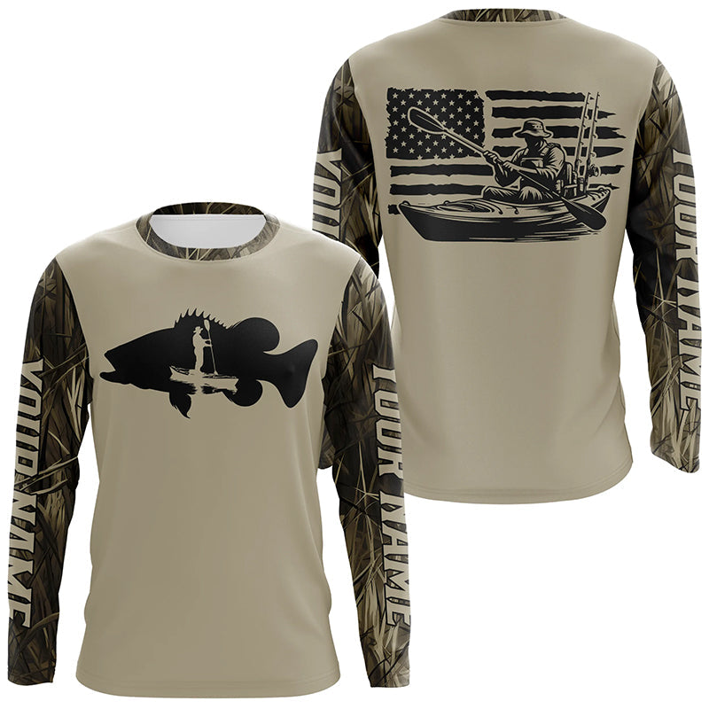 Personalized American Flag Kayak Bass Fishing Long Sleeve Shirts