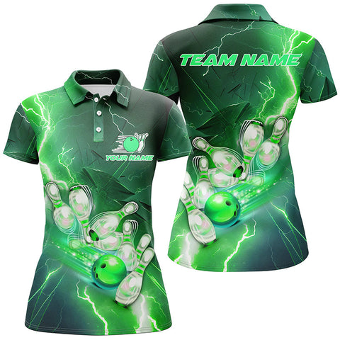 Lightning Strike Custom Green Bowling Polo Shirts, Bowling Team Jerseys For Men IPHW5220