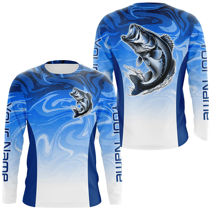 Custom Bass Long Sleeve Tournament Fishing Shirts, Blue Wave Camo