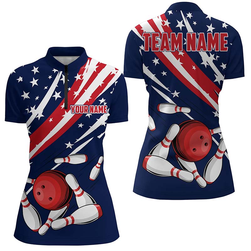 Custom Us Flag Ladies Bowling Quarter Zip Shirts, Patriotic Strike Bowling Team Jerseys IPHW5256