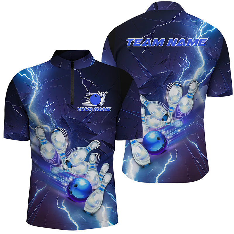 Excoolent Blue Lightning Bowling Personalized Names and Team Jersey Shirt - Gift for Bowling Enthusiasts