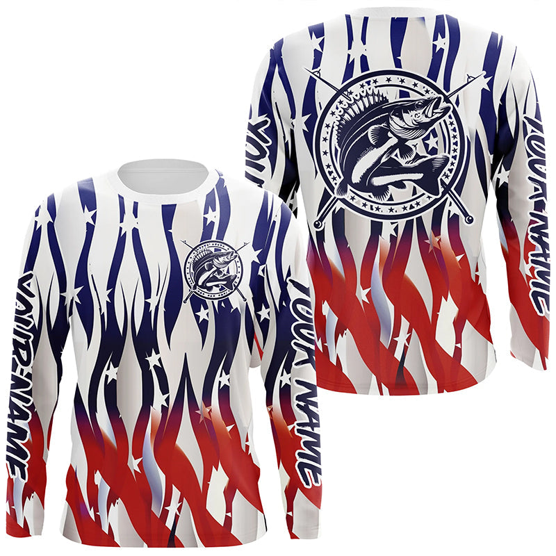 Flaming American Flag Custom Walleye Long Sleeve Fishing Shirts, Patri –  Myfihu