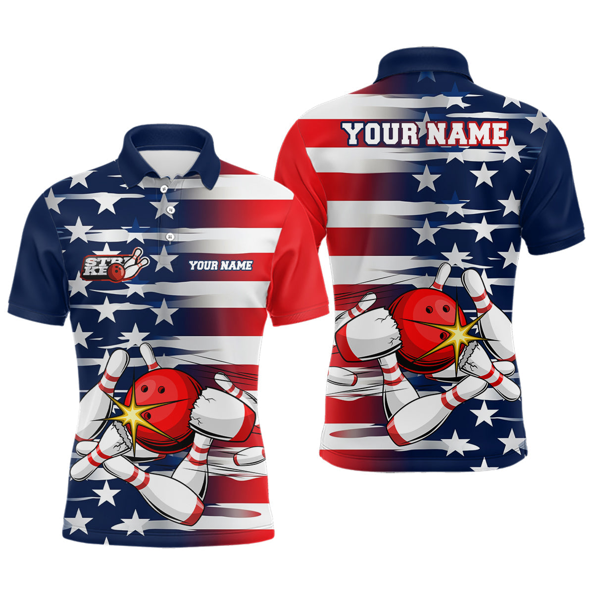 Personalized US Flag Strike Bowling Polo Team Shirts, Patriotic Mens Bowling Shirts IPHW5266