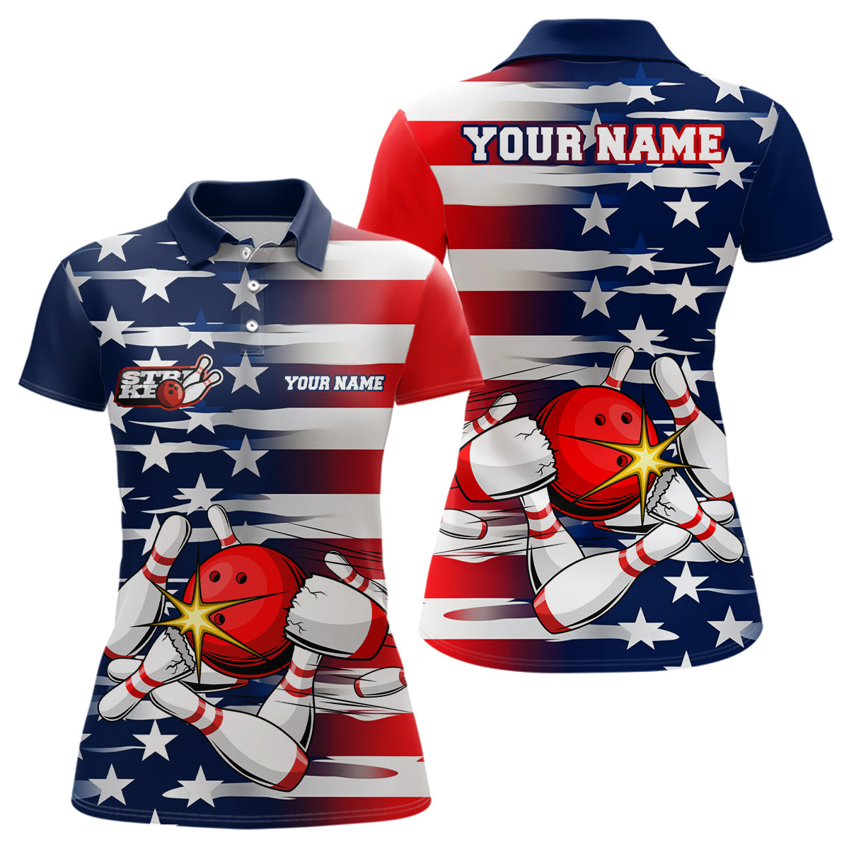 Personalized US Flag Strike Bowling Polo Team Shirts, Patriotic Womens Bowling Shirts IPHW5266