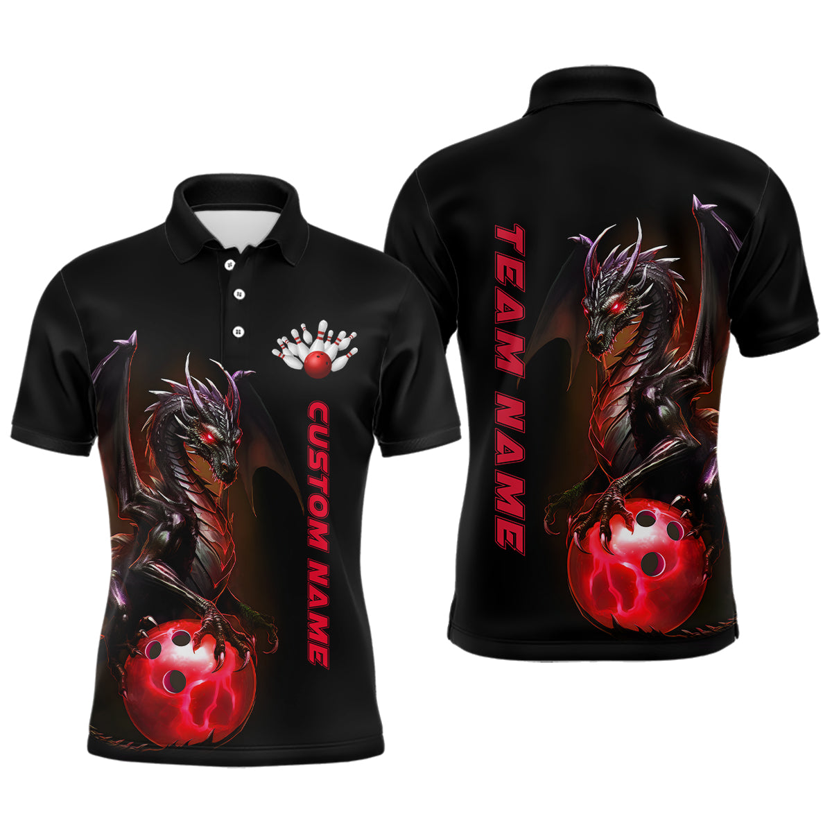 Custom Men Bowling Polo Shirts Red Dragon Bowling Team Jerseys Bowling League Shirts Outfits IPHW5352