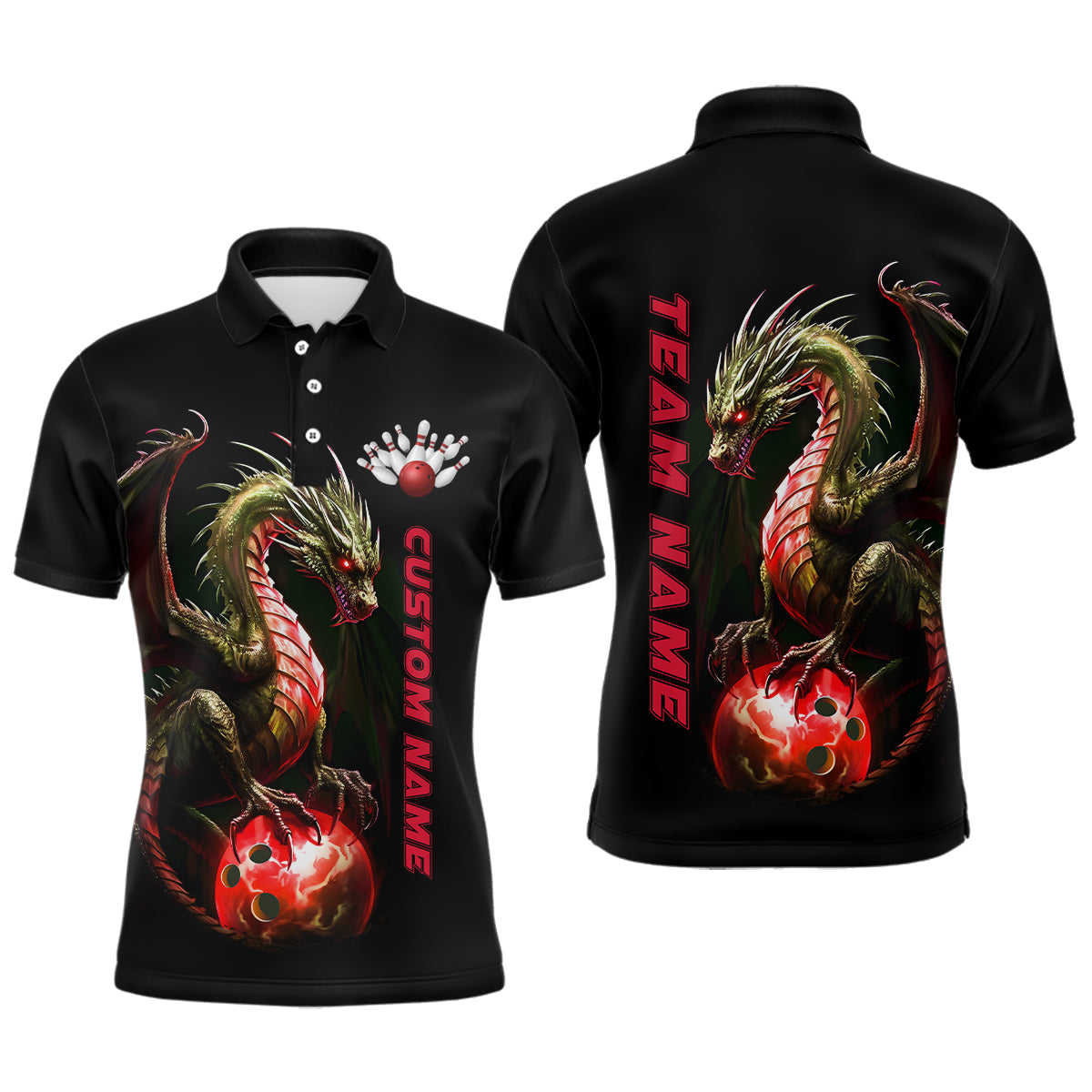Personalized Red Dragon Bowling Team Jerseys Men Polo Shirts Bowling League Shirts IPHW5355