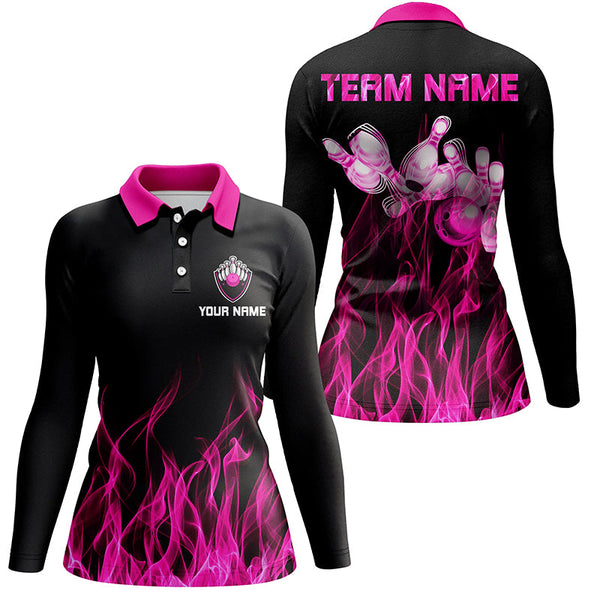 Black and Pink flame Womens bowling polo shirt Bowling Jerseys Personalized Bowling Team Shirts NQS5880