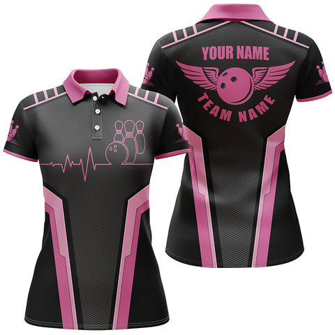 Personalized 3D bowling shirts for women, Custom pink Short Sleeve Polo Bowling heartbeat Shirts NQS4556