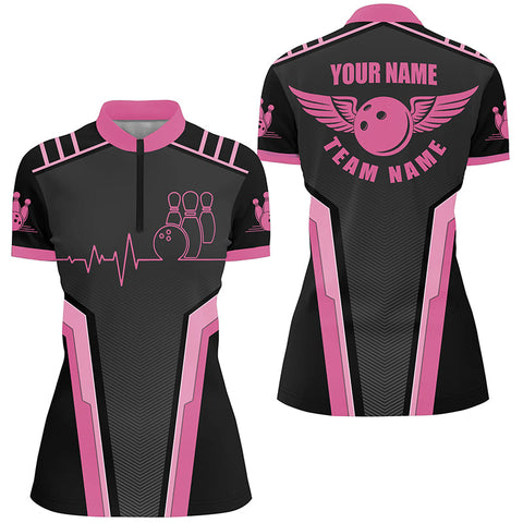 Personalized 3D bowling shirts for women, Custom pink Quarter Zip Bowling heartbeat Shirts NQS4556
