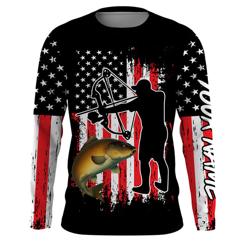 Carp fishing bow fishing American flag patriotic Custom Name UV protection UPF 30+ fishing jersey, bow fishing tournament shirts NQS2969