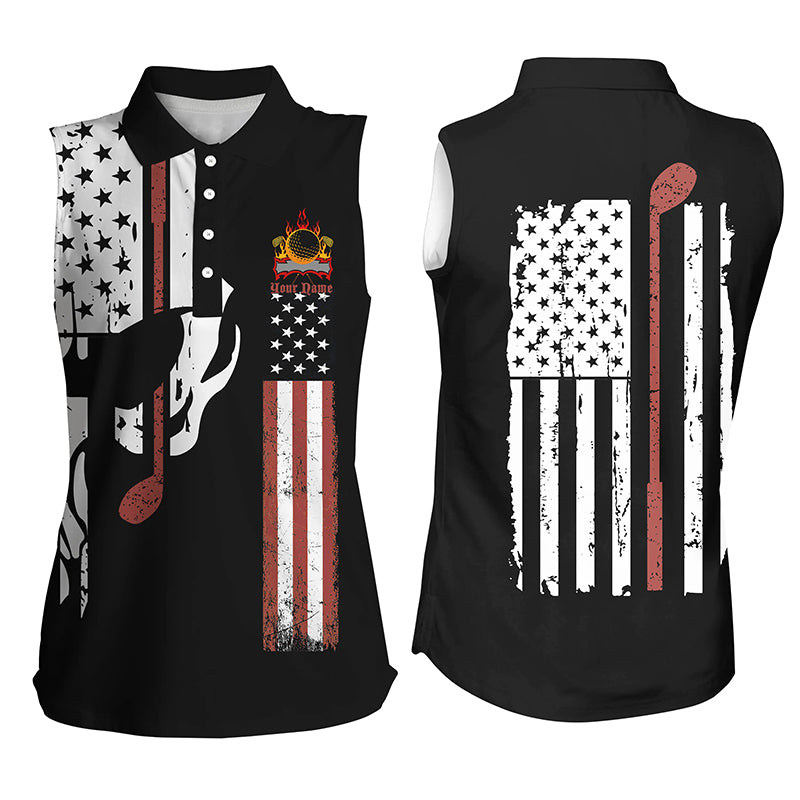 Myfihu Women Sleeveless Polo Shirt Plus Size American Flag Shirt Golf Skull Club Custom Name Ladies Golf Tops NQS4965, Sleeveless Polo Shirt / XL