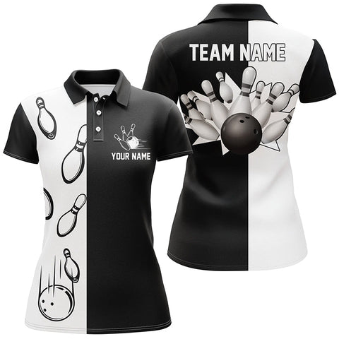 Black and white retro vintage Bowling polo shirts for women custom Bowling team jerseys NQS5012