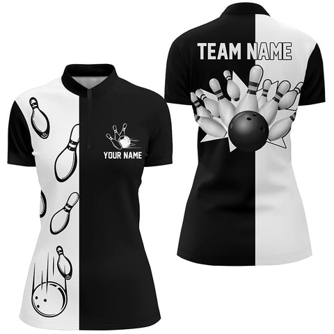 Black and white retro vintage Bowling Quarter Zip shirts for women custom Bowling team jerseys NQS5012