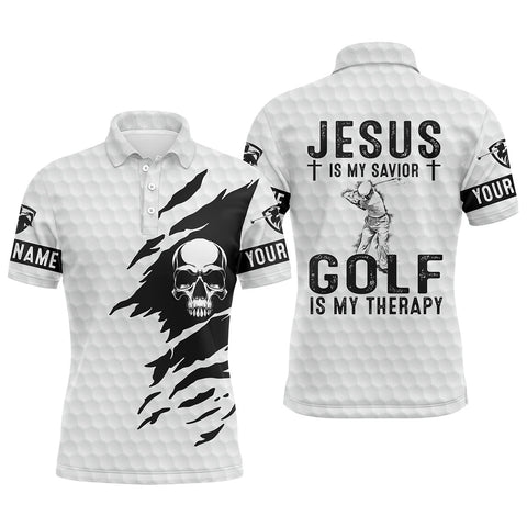 Mens golf polo shirt Jesus is my savior, golf is my therapy custom name white skull golf shirt NQS3645