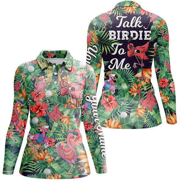 Funny Womens golf polo shirt custom green tropical flower flamingo golf shirts talk birdie to me NQS5364