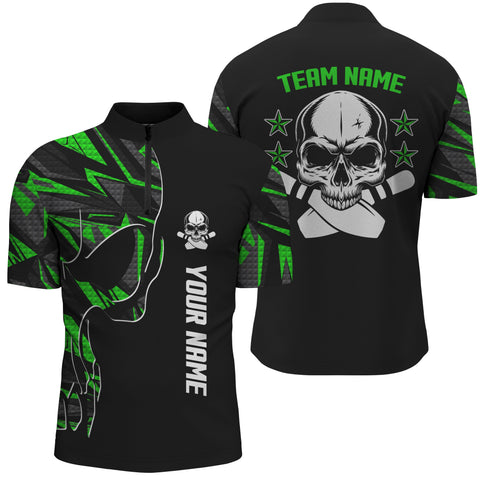 Bowling Quarter Zip shirt for men custom name and team name Skull Bowling, team bowling shirts | Green NQS4553
